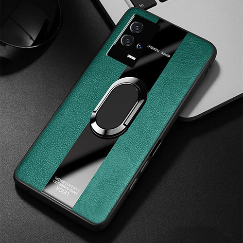 Soft Silicone Gel Leather Snap On Case Cover with Magnetic Finger Ring Stand S02 for Vivo iQOO 8 Pro 5G Green