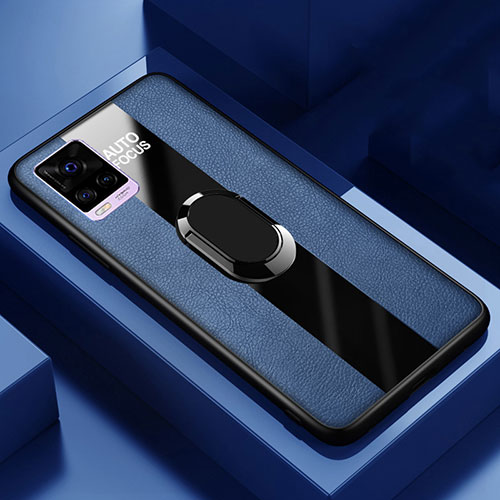 Soft Silicone Gel Leather Snap On Case Cover with Magnetic Finger Ring Stand S02 for Vivo V20 Pro 5G Blue