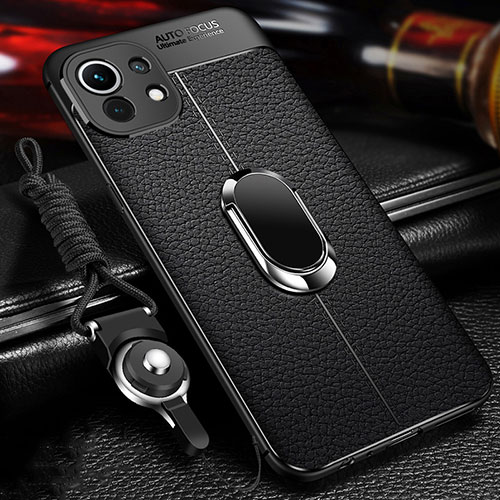 Soft Silicone Gel Leather Snap On Case Cover with Magnetic Finger Ring Stand S02 for Xiaomi Mi 11 Lite 5G Black