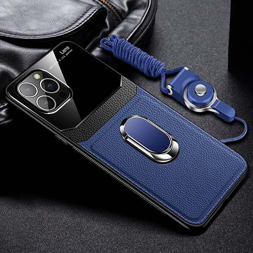 Soft Silicone Gel Leather Snap On Case Cover with Magnetic Finger Ring Stand S03 for Apple iPhone 14 Pro Max Blue