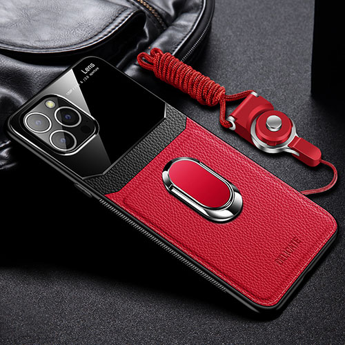 Soft Silicone Gel Leather Snap On Case Cover with Magnetic Finger Ring Stand S03 for Apple iPhone 14 Pro Max Red