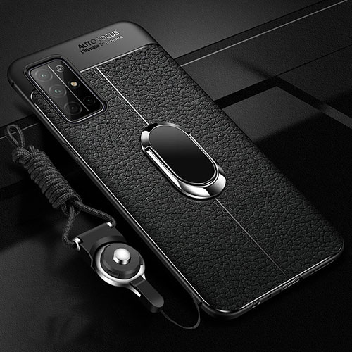 Soft Silicone Gel Leather Snap On Case Cover with Magnetic Finger Ring Stand S03 for Huawei Honor 30S Black