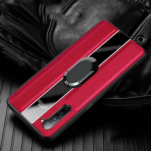 Soft Silicone Gel Leather Snap On Case Cover with Magnetic Finger Ring Stand S03 for Oppo K7 5G Red