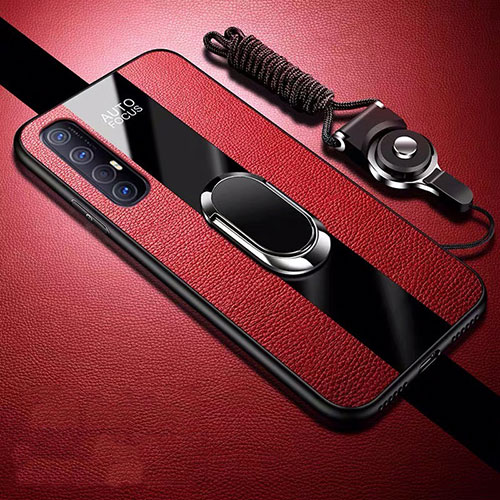 Soft Silicone Gel Leather Snap On Case Cover with Magnetic Finger Ring Stand S03 for Oppo Reno3 Pro Red