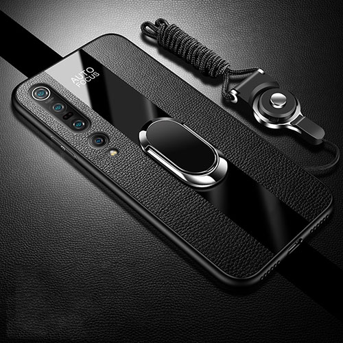 Soft Silicone Gel Leather Snap On Case Cover with Magnetic Finger Ring Stand S03 for Xiaomi Mi 10 Pro Black