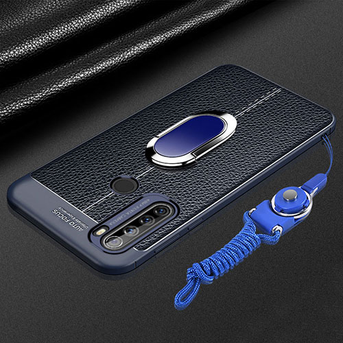 Soft Silicone Gel Leather Snap On Case Cover with Magnetic Finger Ring Stand S03 for Xiaomi Redmi Note 8 (2021) Blue