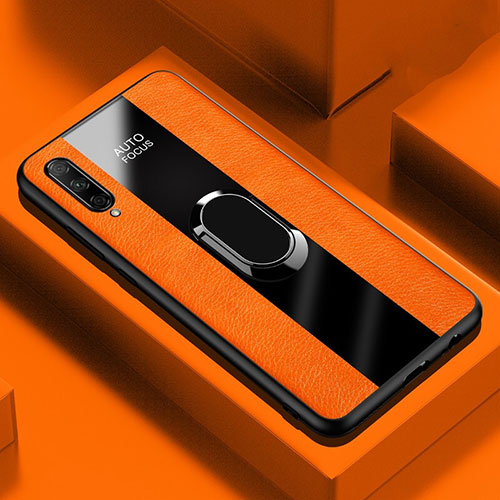 Soft Silicone Gel Leather Snap On Case Cover with Magnetic Finger Ring Stand S04 for Huawei Y9s Orange