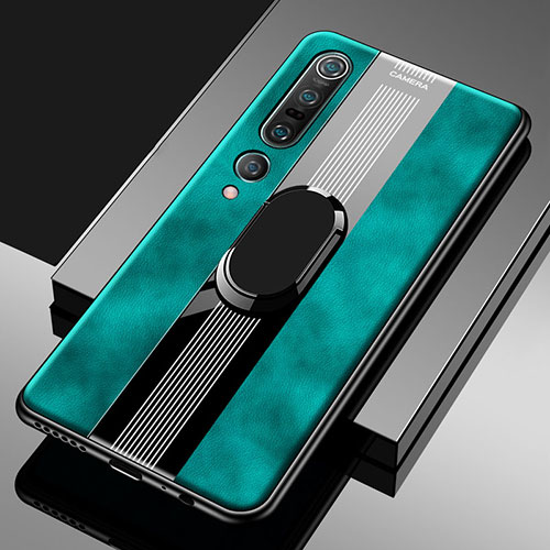 Soft Silicone Gel Leather Snap On Case Cover with Magnetic Finger Ring Stand S04 for Xiaomi Mi 10 Pro Green