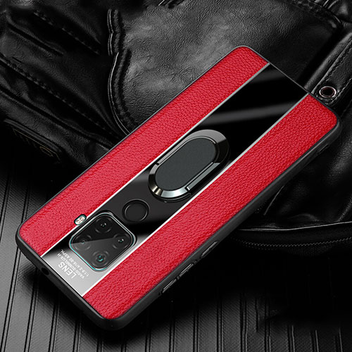 Soft Silicone Gel Leather Snap On Case Cover with Magnetic Finger Ring Stand S05 for Huawei Mate 30 Lite Red