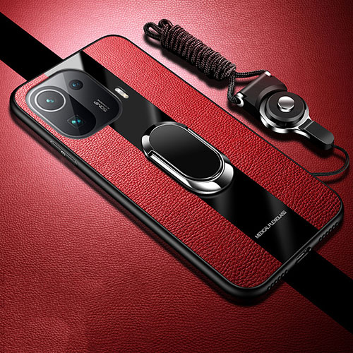 Soft Silicone Gel Leather Snap On Case Cover with Magnetic Finger Ring Stand S05 for Xiaomi Mi 11 Pro 5G Red