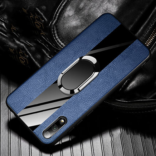 Soft Silicone Gel Leather Snap On Case Cover with Magnetic Finger Ring Stand S06 for Huawei Y9 Prime (2019) Blue