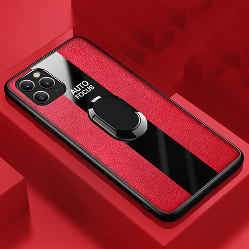 Soft Silicone Gel Leather Snap On Case Cover with Magnetic Finger Ring Stand T01 for Apple iPhone 11 Pro Max Red