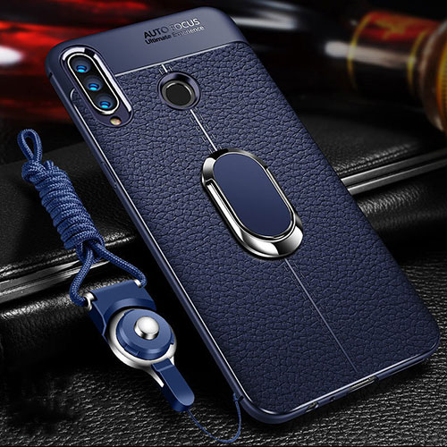 Soft Silicone Gel Leather Snap On Case Cover with Magnetic Finger Ring Stand T01 for Huawei Honor 10i Blue