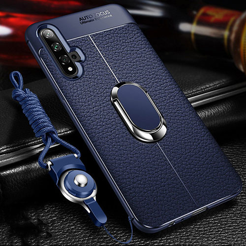 Soft Silicone Gel Leather Snap On Case Cover with Magnetic Finger Ring Stand T01 for Huawei Honor 20S Blue