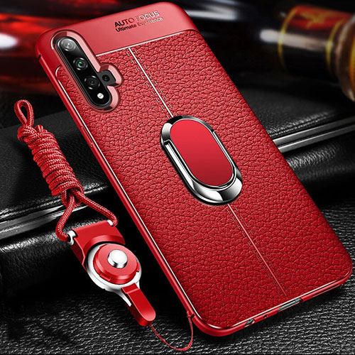 Soft Silicone Gel Leather Snap On Case Cover with Magnetic Finger Ring Stand T01 for Huawei Honor 20S Red