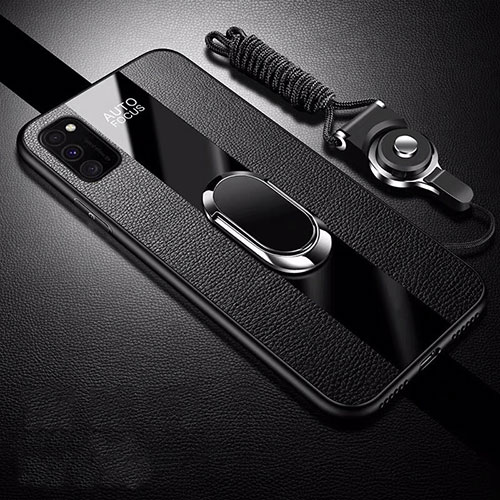 Soft Silicone Gel Leather Snap On Case Cover with Magnetic Finger Ring Stand T01 for Huawei Honor V30 5G Black