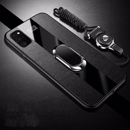 Soft Silicone Gel Leather Snap On Case Cover with Magnetic Finger Ring Stand T01 for Huawei Honor V30 Pro 5G Black