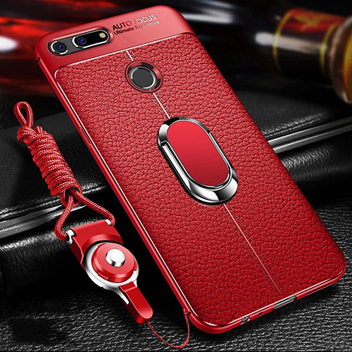 Soft Silicone Gel Leather Snap On Case Cover with Magnetic Finger Ring Stand T01 for Huawei Honor View 20 Red