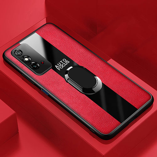 Soft Silicone Gel Leather Snap On Case Cover with Magnetic Finger Ring Stand T01 for Huawei Honor X10 Max 5G Red