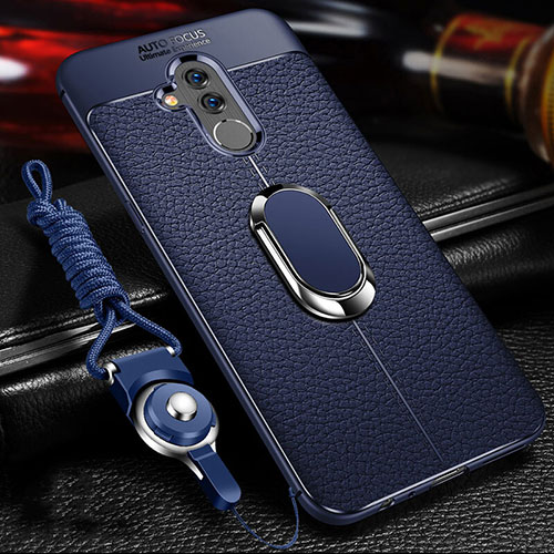 Soft Silicone Gel Leather Snap On Case Cover with Magnetic Finger Ring Stand T01 for Huawei Mate 20 Lite Blue