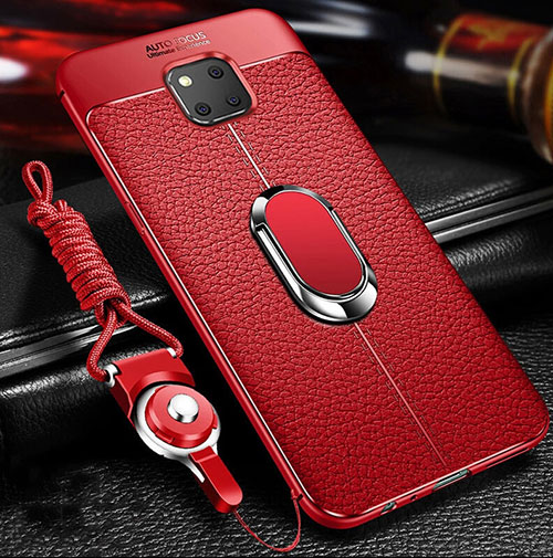 Soft Silicone Gel Leather Snap On Case Cover with Magnetic Finger Ring Stand T01 for Huawei Mate 20 Pro Red