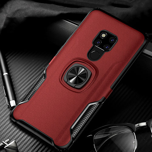 Soft Silicone Gel Leather Snap On Case Cover with Magnetic Finger Ring Stand T01 for Huawei Mate 20 Red