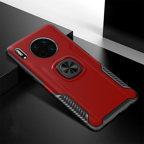 Soft Silicone Gel Leather Snap On Case Cover with Magnetic Finger Ring Stand T01 for Huawei Mate 30 5G Red