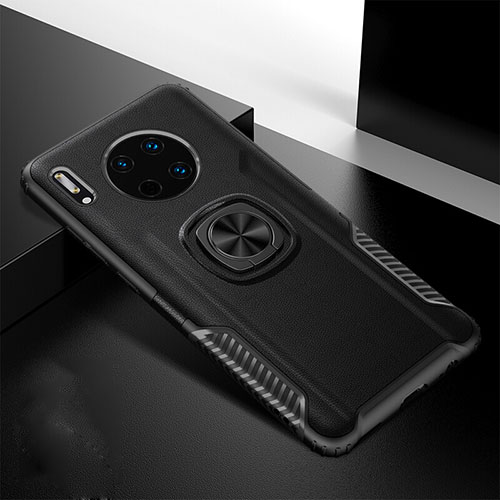 Soft Silicone Gel Leather Snap On Case Cover with Magnetic Finger Ring Stand T01 for Huawei Mate 30 Pro Black