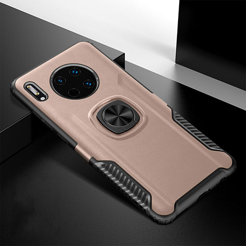 Soft Silicone Gel Leather Snap On Case Cover with Magnetic Finger Ring Stand T01 for Huawei Mate 30 Rose Gold