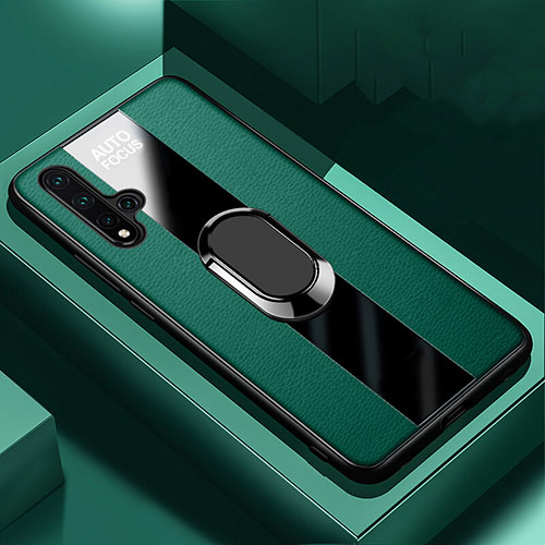 Soft Silicone Gel Leather Snap On Case Cover with Magnetic Finger Ring Stand T01 for Huawei Nova 5 Green