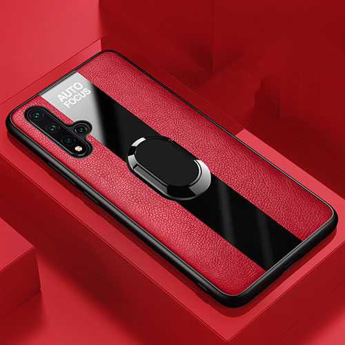 Soft Silicone Gel Leather Snap On Case Cover with Magnetic Finger Ring Stand T01 for Huawei Nova 5 Pro Red