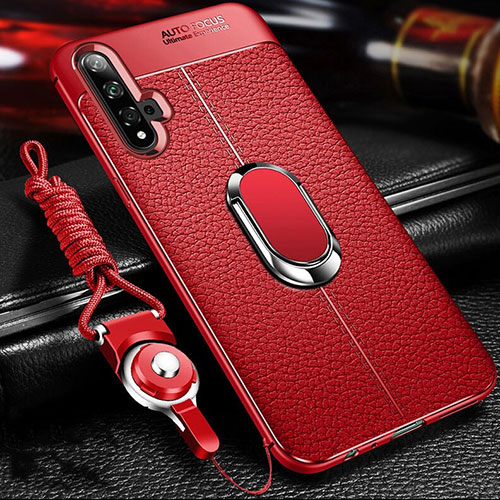 Soft Silicone Gel Leather Snap On Case Cover with Magnetic Finger Ring Stand T01 for Huawei Nova 5T Red