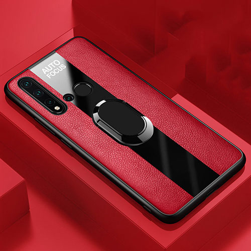 Soft Silicone Gel Leather Snap On Case Cover with Magnetic Finger Ring Stand T01 for Huawei P20 Lite (2019) Red