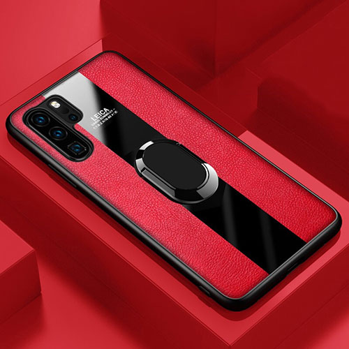 Soft Silicone Gel Leather Snap On Case Cover with Magnetic Finger Ring Stand T01 for Huawei P30 Pro New Edition Red