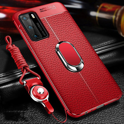 Soft Silicone Gel Leather Snap On Case Cover with Magnetic Finger Ring Stand T01 for Huawei P40 Red