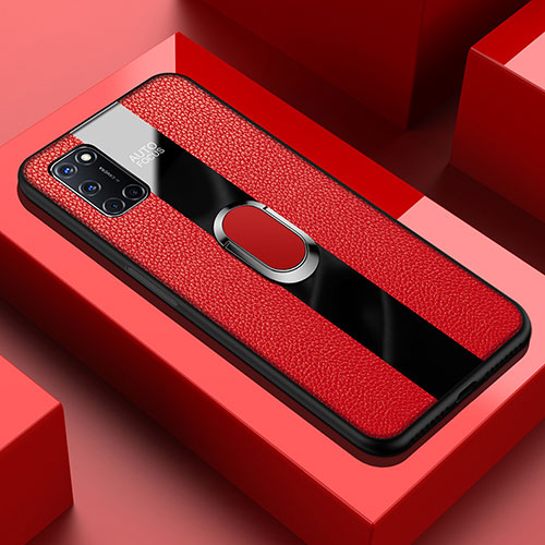 Soft Silicone Gel Leather Snap On Case Cover with Magnetic Finger Ring Stand T01 for Oppo A72 Red