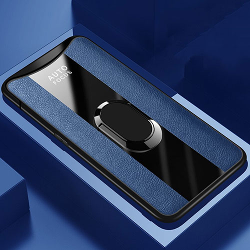 Soft Silicone Gel Leather Snap On Case Cover with Magnetic Finger Ring Stand T01 for Oppo Find X Blue