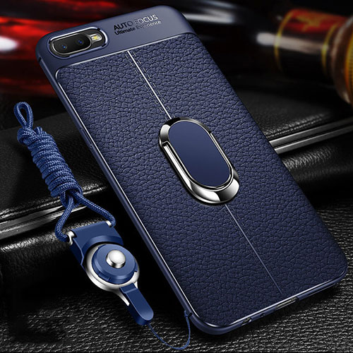 Soft Silicone Gel Leather Snap On Case Cover with Magnetic Finger Ring Stand T01 for Oppo R15X Blue