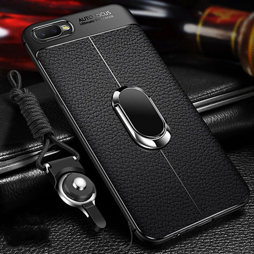 Soft Silicone Gel Leather Snap On Case Cover with Magnetic Finger Ring Stand T01 for Oppo R17 Neo Black