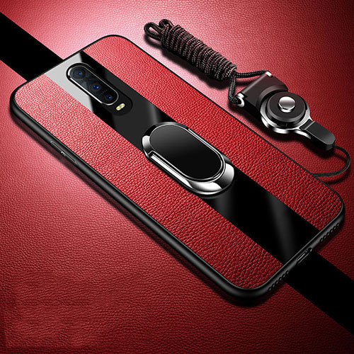 Soft Silicone Gel Leather Snap On Case Cover with Magnetic Finger Ring Stand T01 for Oppo R17 Pro Red