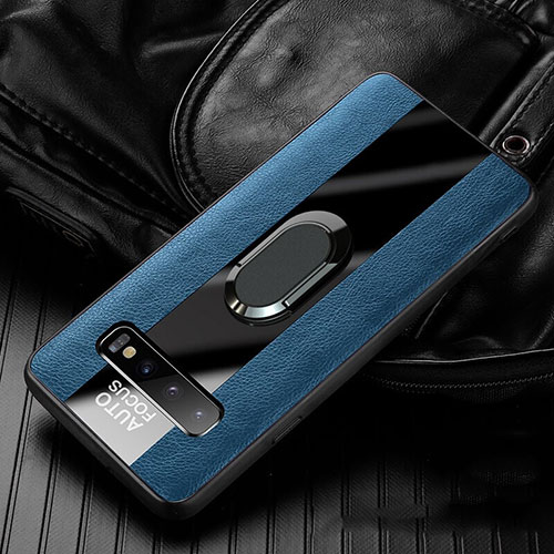 Soft Silicone Gel Leather Snap On Case Cover with Magnetic Finger Ring Stand T01 for Samsung Galaxy S10 5G Blue