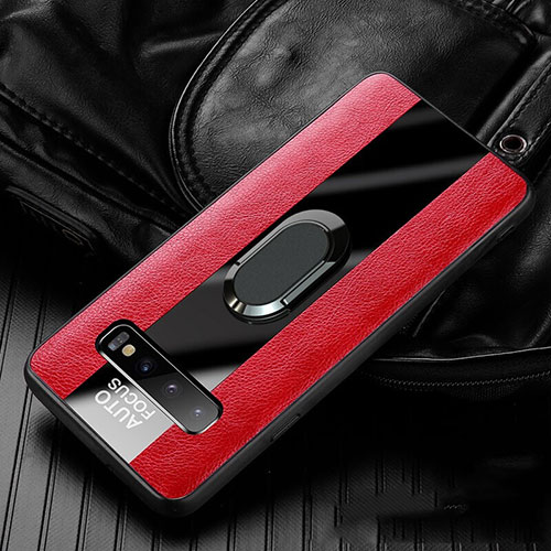 Soft Silicone Gel Leather Snap On Case Cover with Magnetic Finger Ring Stand T01 for Samsung Galaxy S10 5G Red