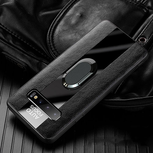 Soft Silicone Gel Leather Snap On Case Cover with Magnetic Finger Ring Stand T01 for Samsung Galaxy S10 Plus Black