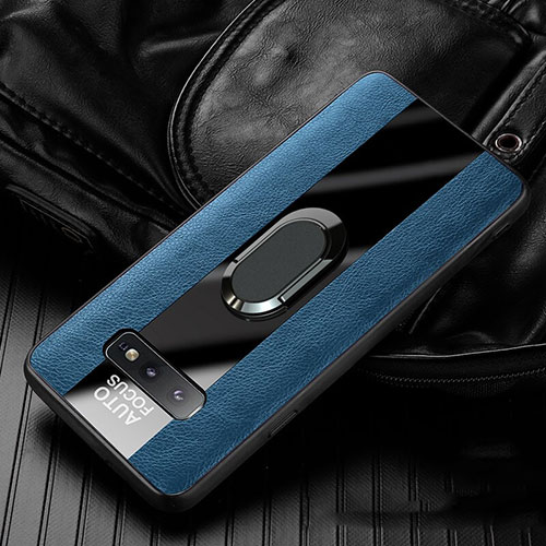 Soft Silicone Gel Leather Snap On Case Cover with Magnetic Finger Ring Stand T01 for Samsung Galaxy S10e Blue