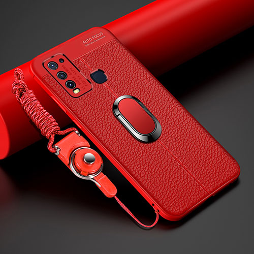 Soft Silicone Gel Leather Snap On Case Cover with Magnetic Finger Ring Stand T01 for Vivo Y50 Red