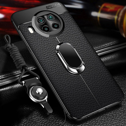 Soft Silicone Gel Leather Snap On Case Cover with Magnetic Finger Ring Stand T01 for Xiaomi Mi 10i 5G Black