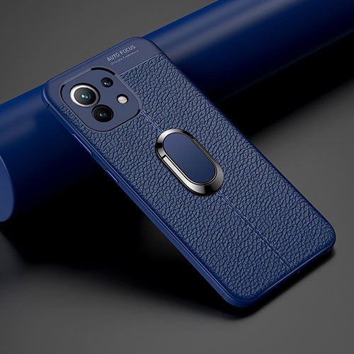 Soft Silicone Gel Leather Snap On Case Cover with Magnetic Finger Ring Stand T01 for Xiaomi Mi 11 Lite 4G Blue