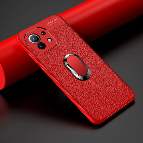 Soft Silicone Gel Leather Snap On Case Cover with Magnetic Finger Ring Stand T01 for Xiaomi Mi 11 Lite 4G Red