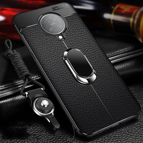 Soft Silicone Gel Leather Snap On Case Cover with Magnetic Finger Ring Stand T01 for Xiaomi Redmi K30 Pro 5G Black