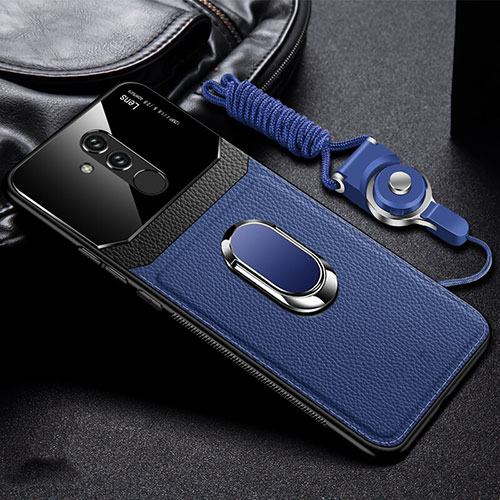 Soft Silicone Gel Leather Snap On Case Cover with Magnetic Finger Ring Stand T02 for Huawei Mate 20 Lite Blue